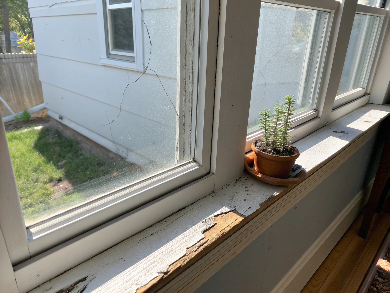 Close-up of a damaged and cracked window pane before glazing repair in Stockport
