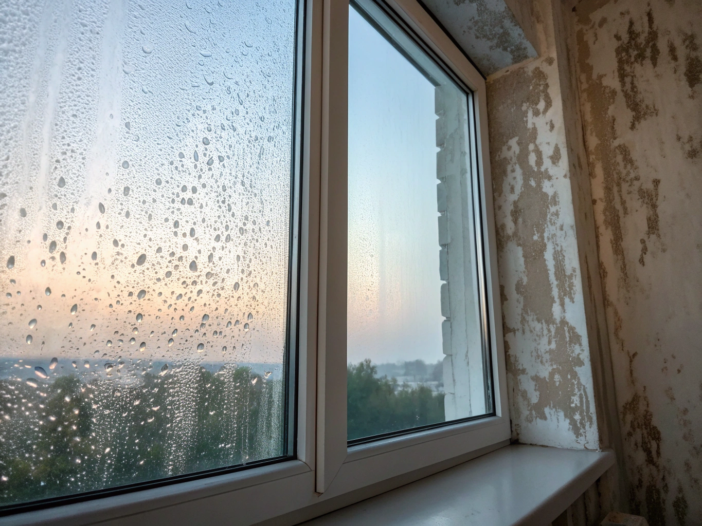 Failed double glazed unit with trapped mist and condensation between panes