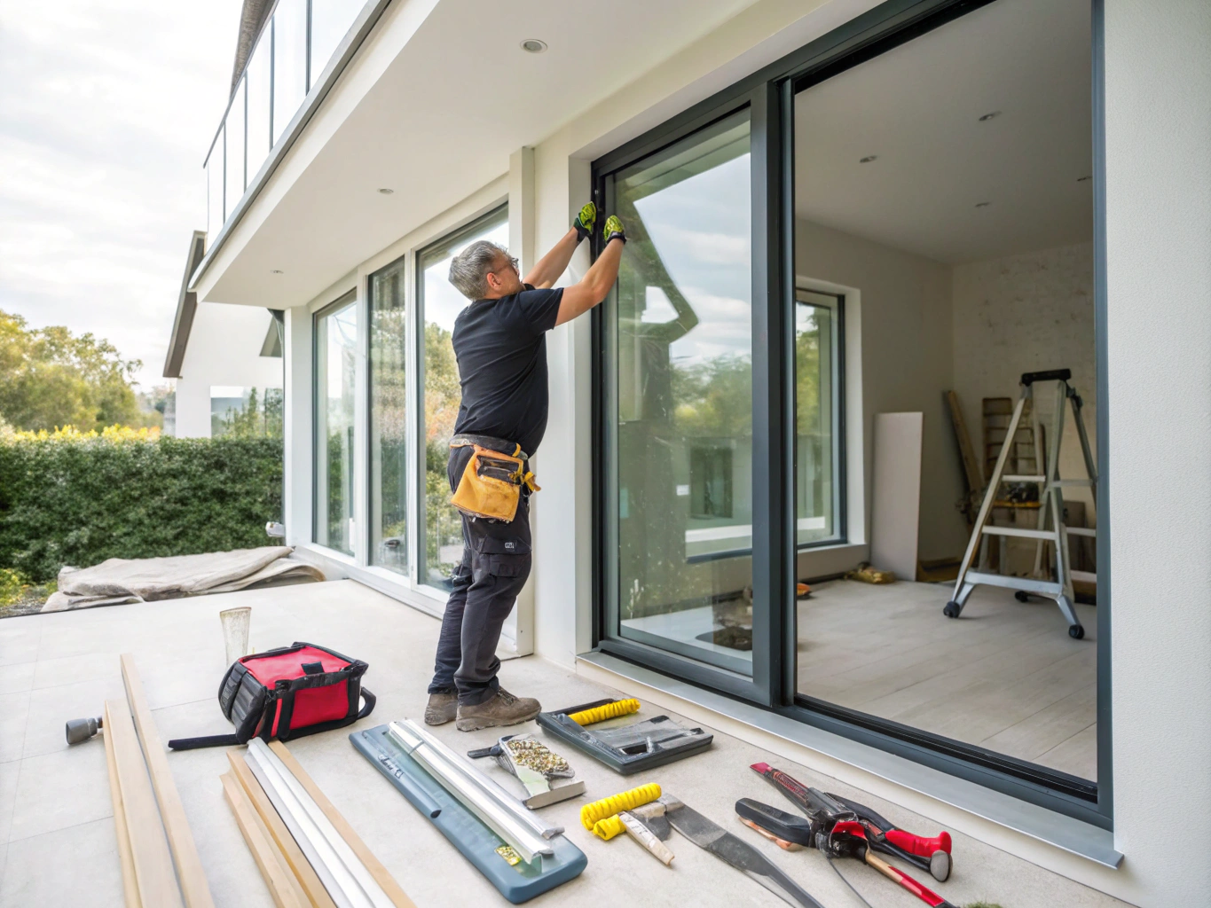 Glazier installing replacement sealed double glazing unit into existing UPVC frame