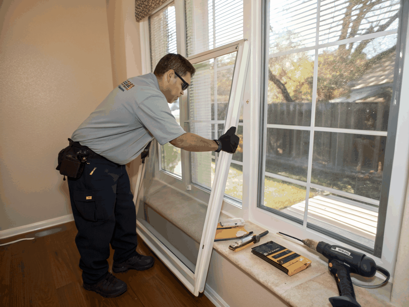 Glazier carefully installing a new double glazed sealed unit into an existing UPVC frame
